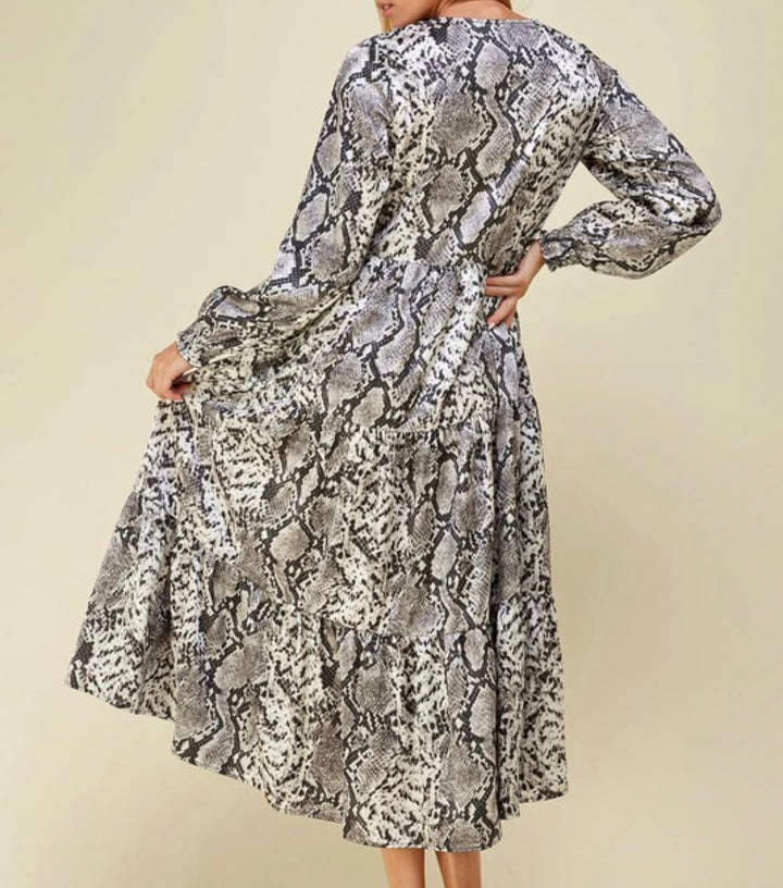 Satin Silk Black and Gray Print Maxi Tiered Dress