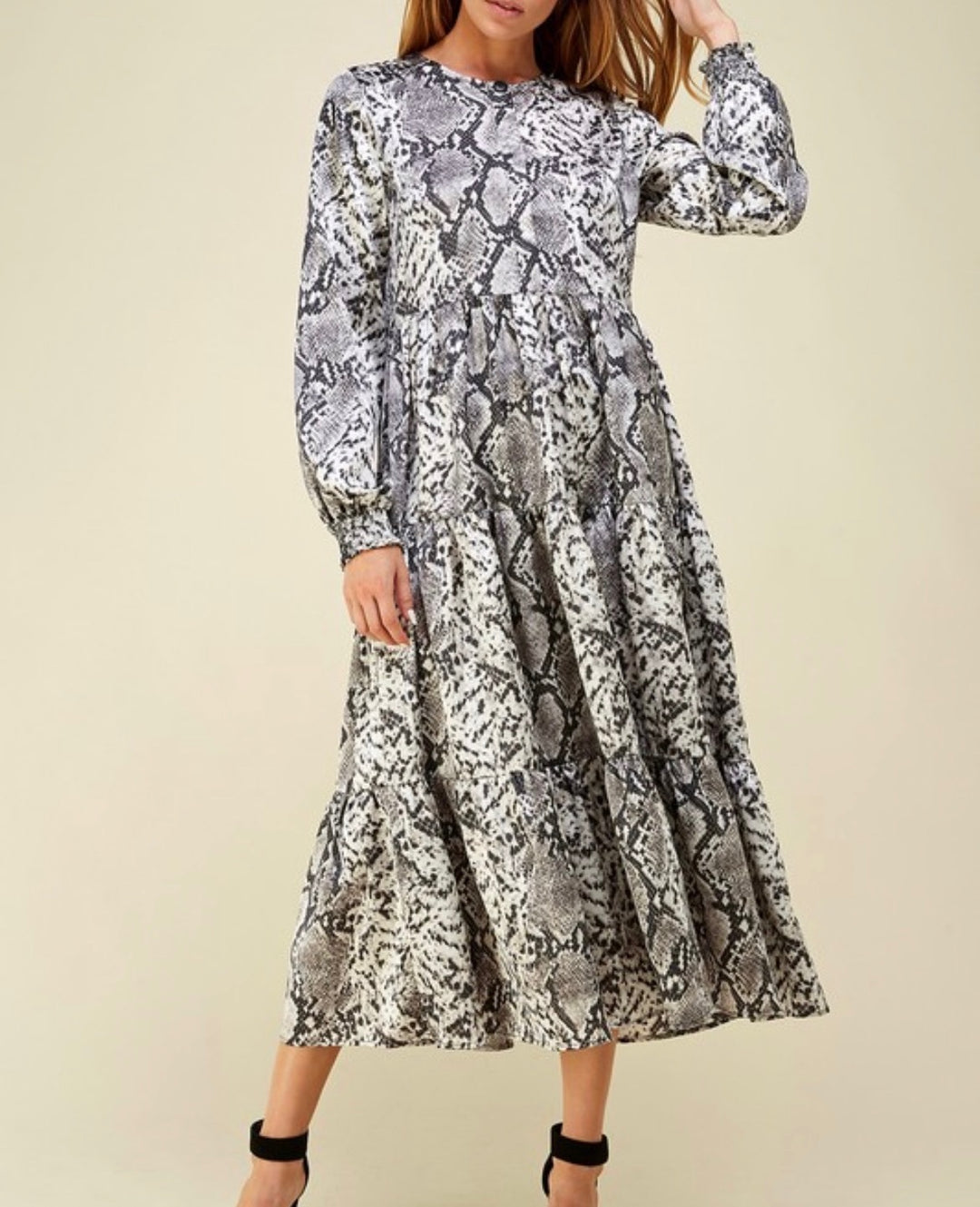Satin Silk Black and Gray Print Maxi Tiered Modest Dress