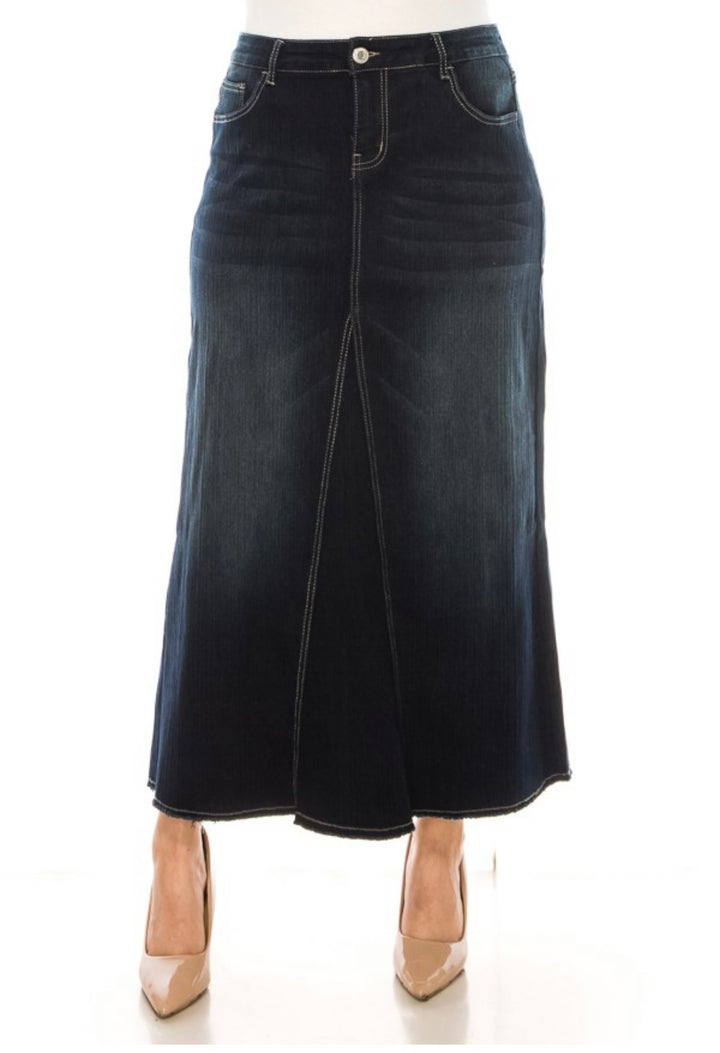 Liza's Slight Textured Triangle Cut Long Denim Skirt