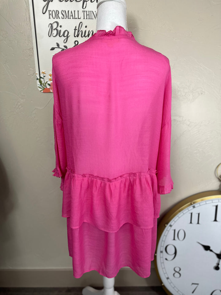 Pink or Turquoise Double Ruffled Long Open Front Cardigan