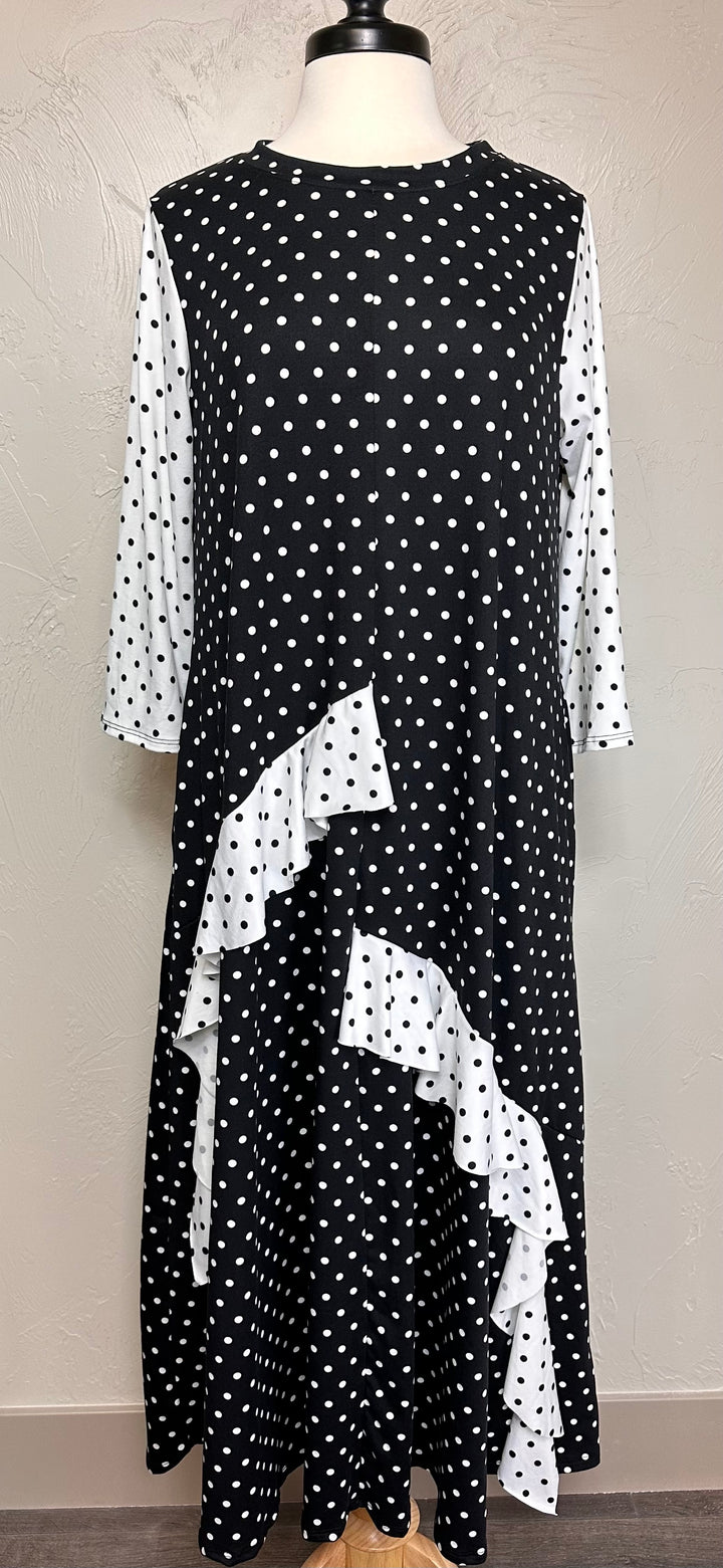 Liza Lou's Celeste Polka Dot Black Modest Dress with Ruffle