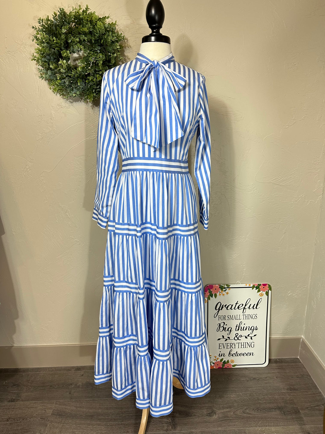 Dainty Jewells Blue and White Striped Dress with Neck Tie