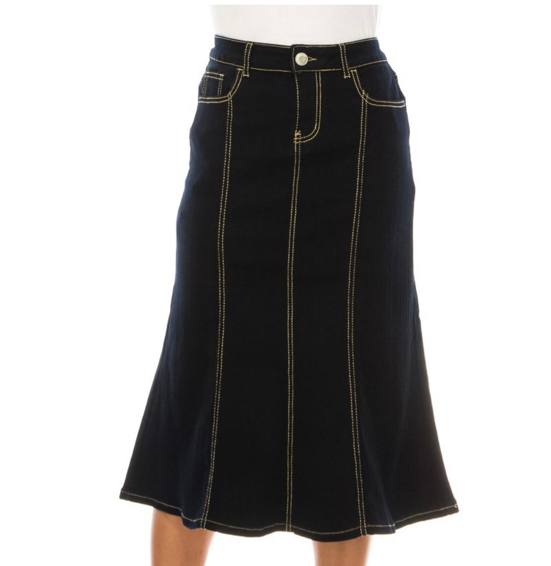 Dark Textured Indigo Denim Skirt 30" Long