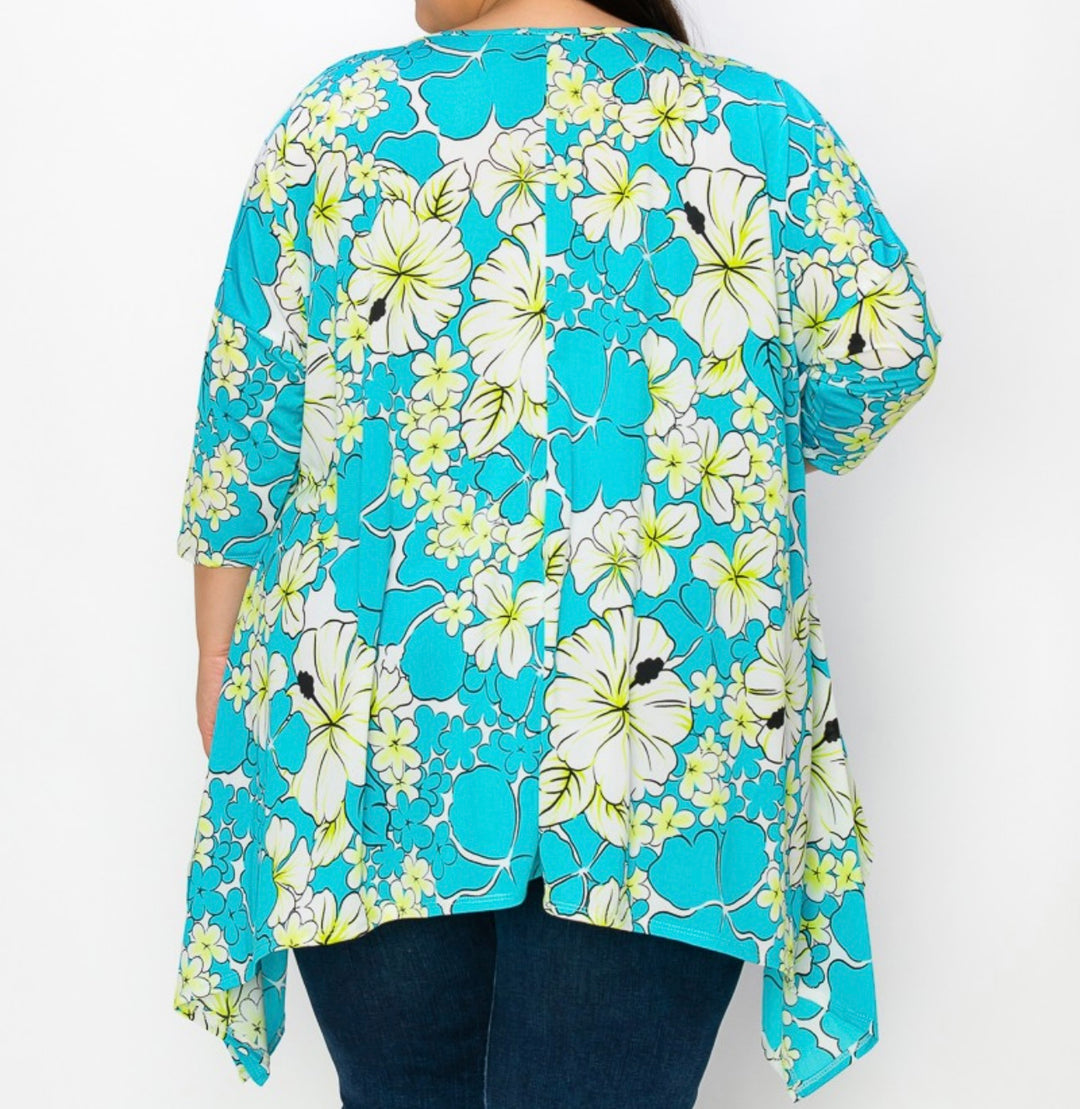Liza's Turquoise Floral Side Drape Handkerchief Top 3x 4x 5x