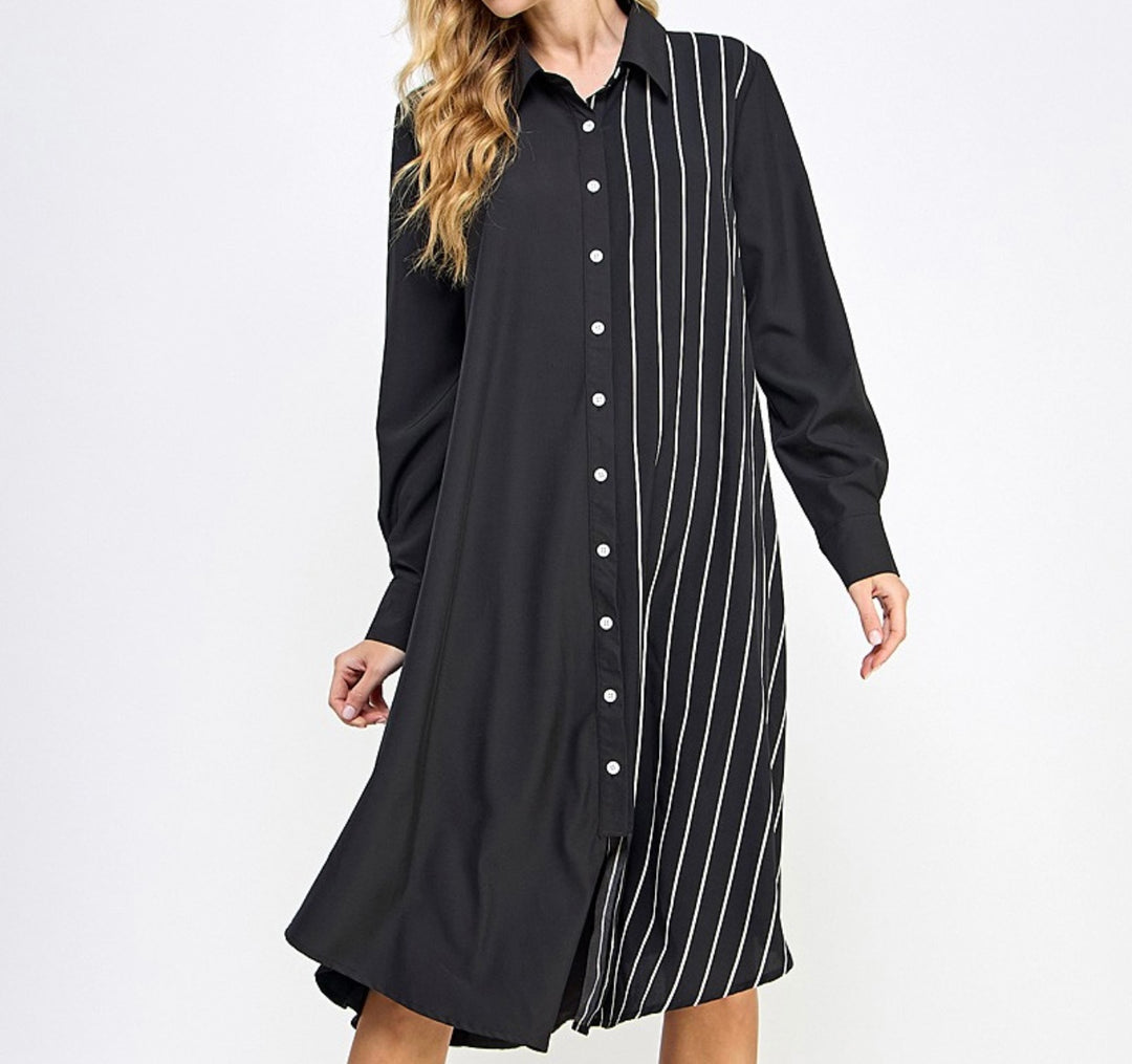 Contrast Long Black Striped Button Down Top Dress