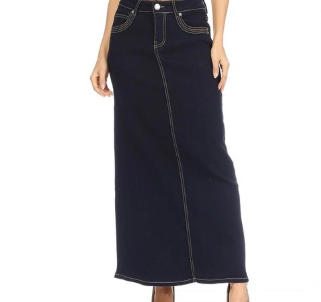 Liza Lou's Dark Indigo Stretchy Long Modest Textured Denim Skirts