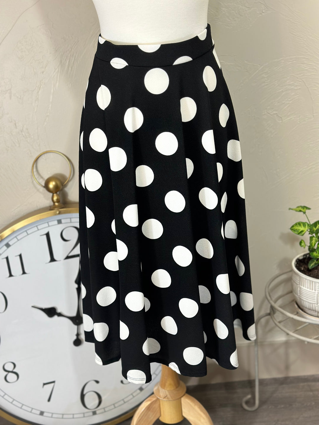Zoey Black & White Large Polka Dot High Waisted A-line Modest Midi Skirt