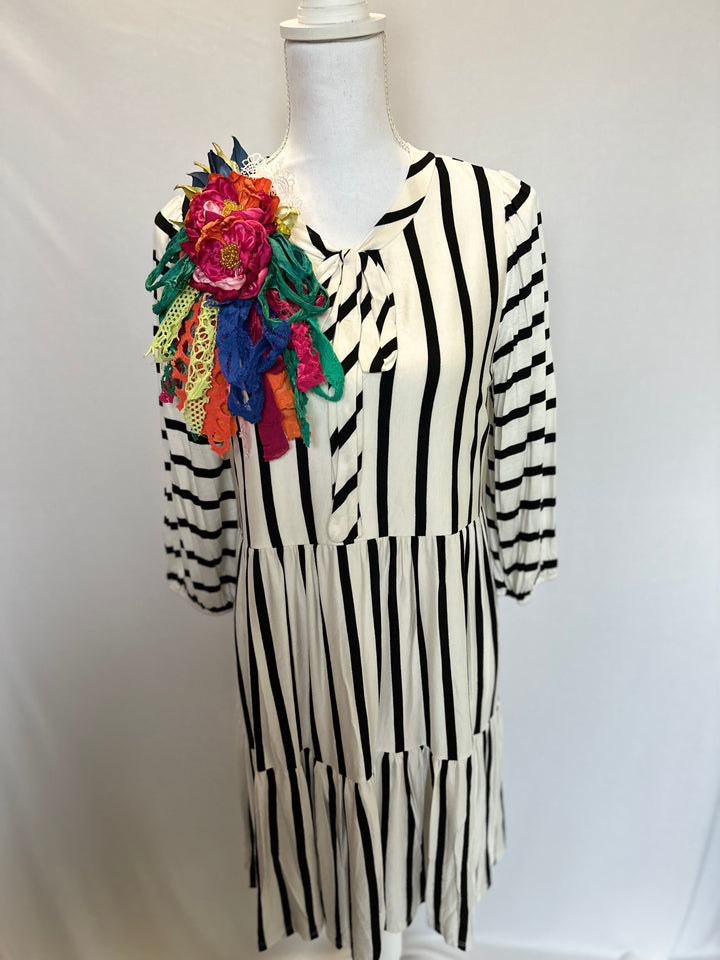 Baby Doll White & Black Striped Tiered Top with Neck Tie