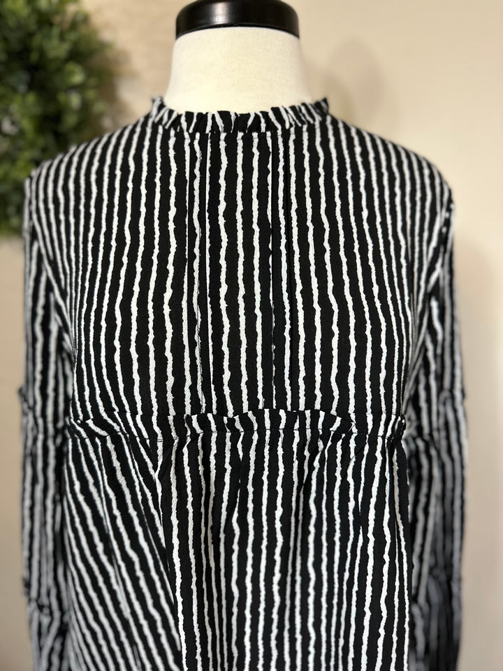 Classy Erin Black With White Stripes Tiered  Modest Top