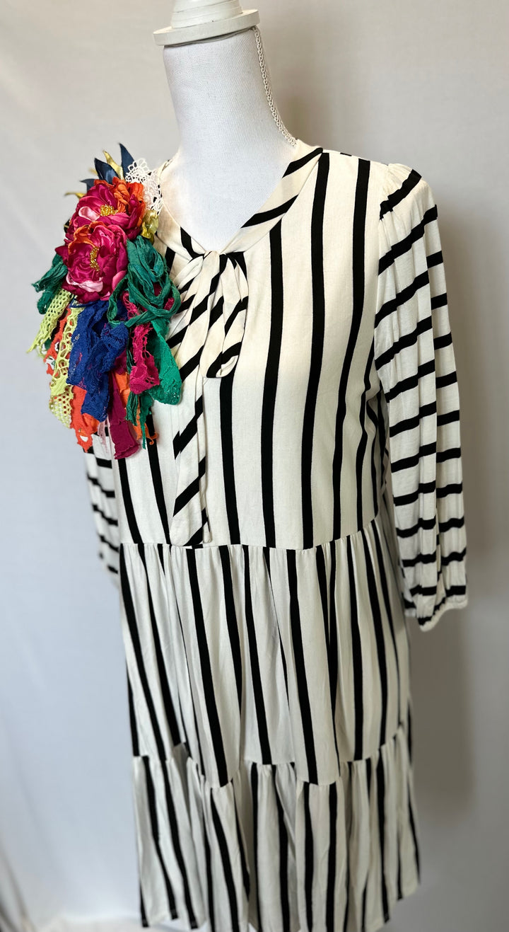 Baby Doll White & Black Striped Tiered Top with Neck Tie