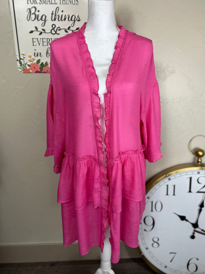 Pink or Turquoise Double Ruffled Long Open Front Cardigan
