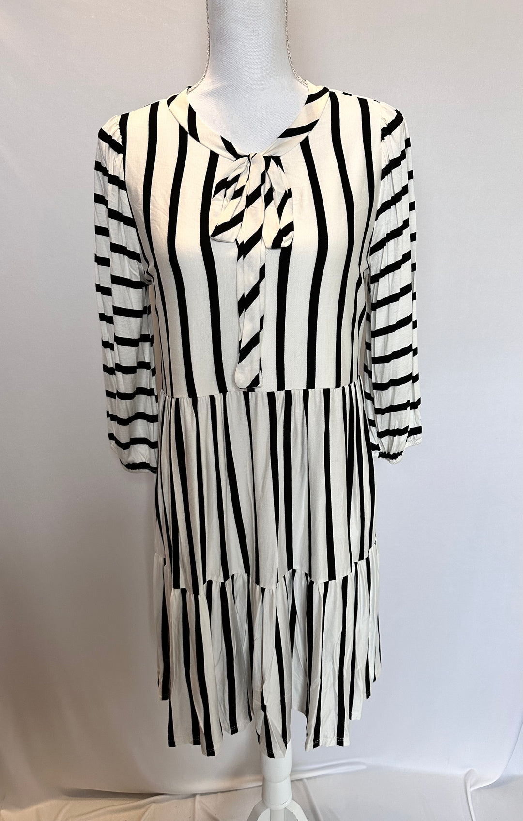 Baby Doll White & Black Striped Tiered Modest Top with Neck Tie