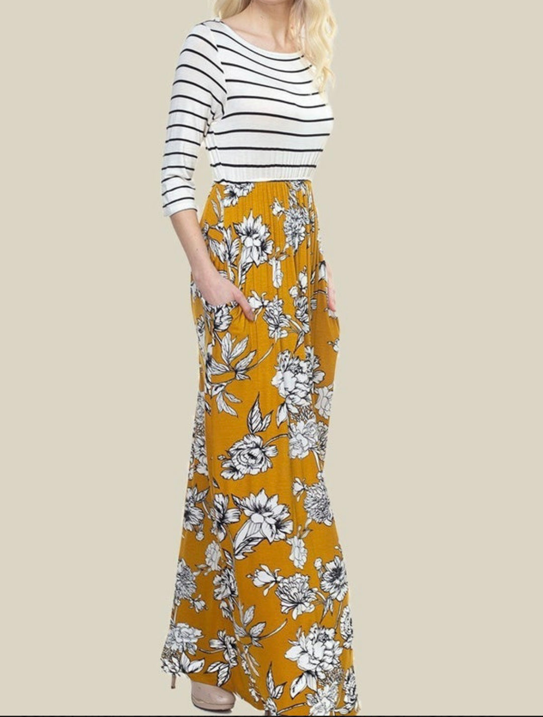 Bayleigh Striped and Floral Printed Jersey Maxi Dress