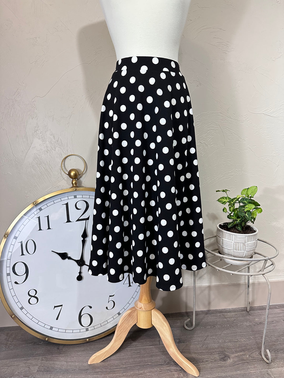 Zoey Black & White Polka Dot High waisted A-line Modest Midi Skirt