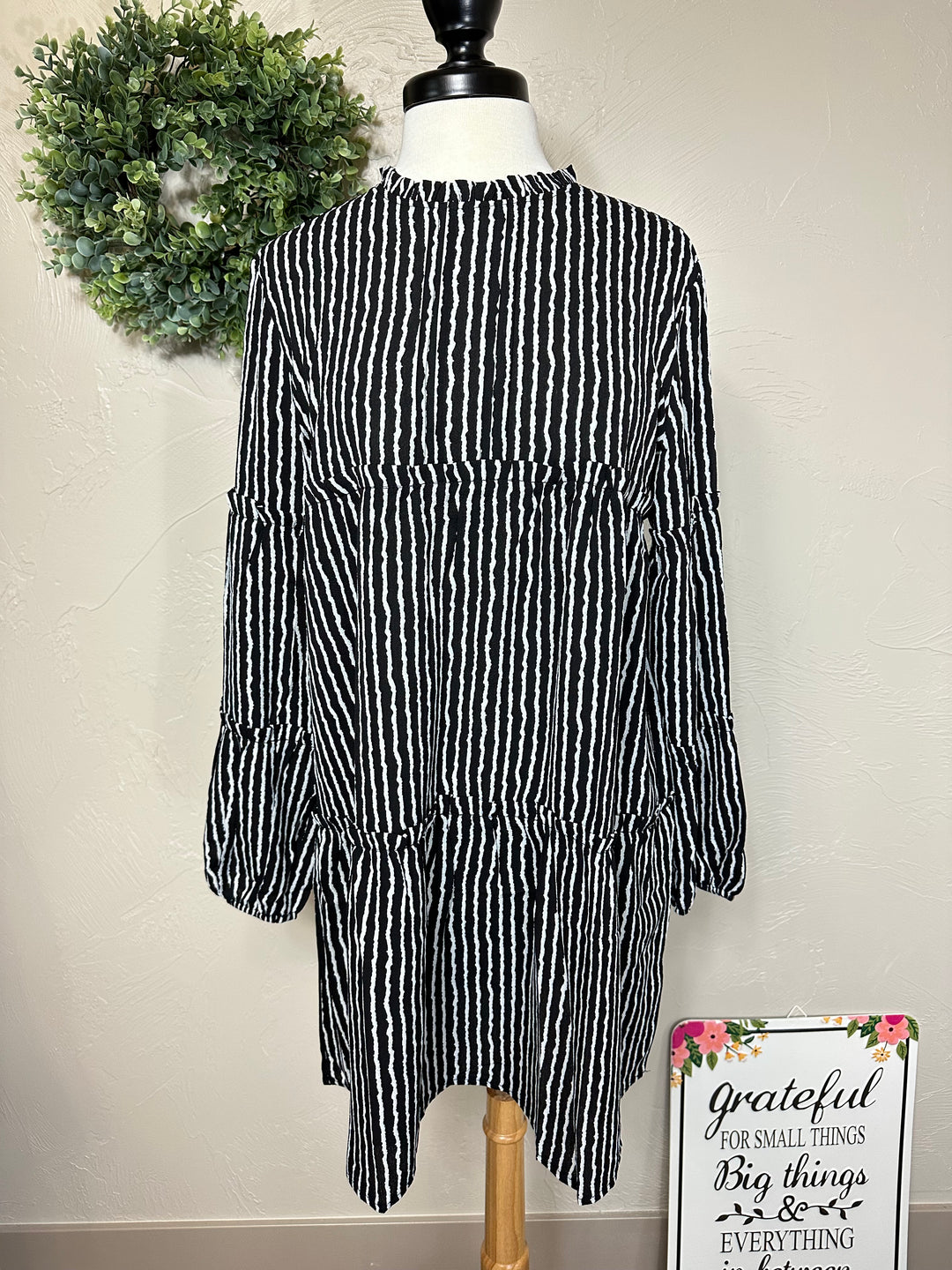 Classy Erin Black With White Stripes Tiered  Modest Top
