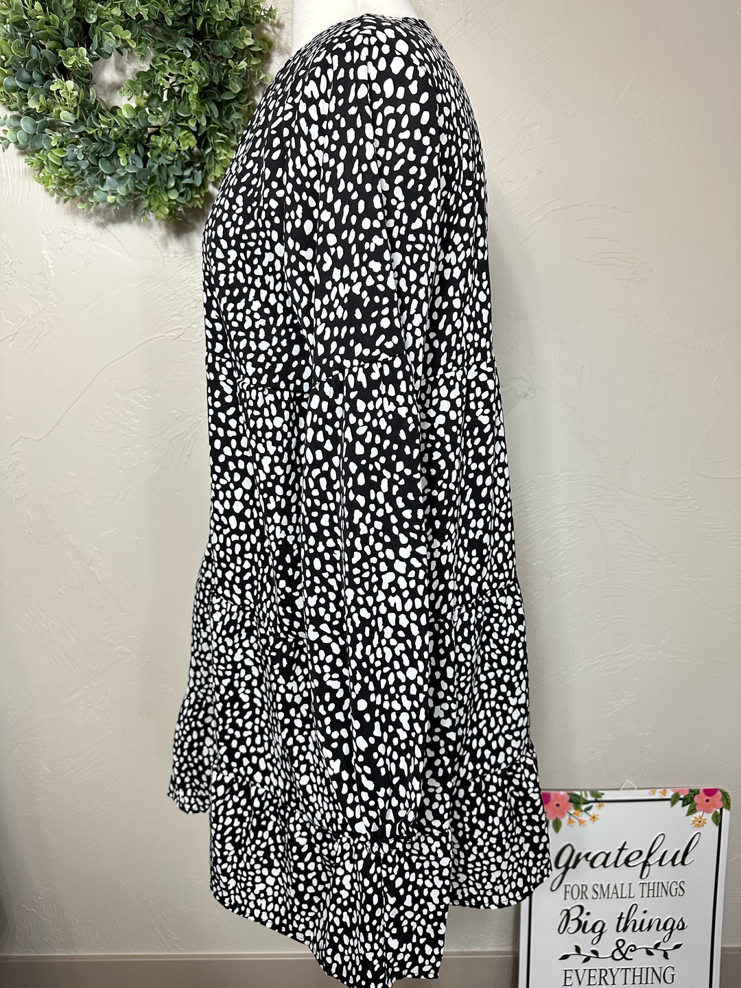 Dressy Modest Tabitha Black with White Spots Tiered Tunic Top
